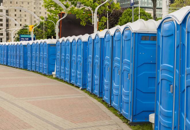 a line of portable restrooms at an outdoor wedding, catering to guests with style and comfort in Chandler